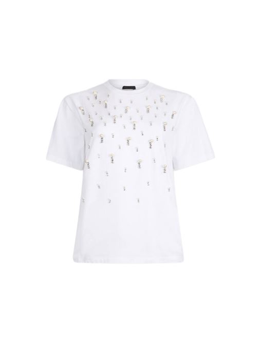 T-shirt bianca realizzata in cotone stretch con perle e strass applicati, colore bianco LIU JO | CF5072-JS08811111